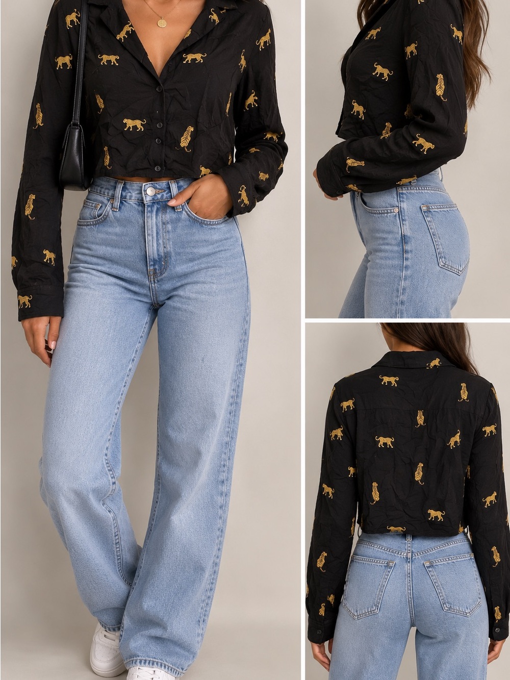 Rails Black & Gold Tiger Print Cropped Button Down Shirt XS